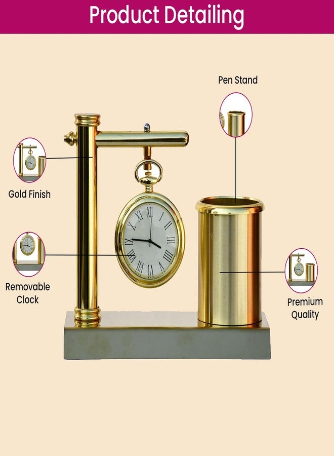 Saugat Traders Metal Hanging Table Clock with Pen Stand for Office Desk Organiser, Study Table Pencil Holder Home Decor Diwali New Year Corporate Gift for Client, Employee Office Decorative Gift Watch - Image 3